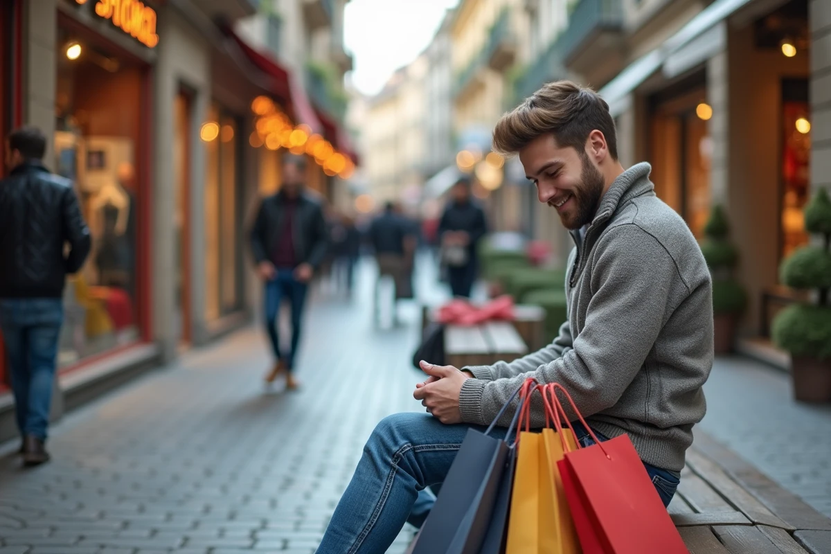 Jeune homme avec sacs de shopping dans une rue anim&eacute;e