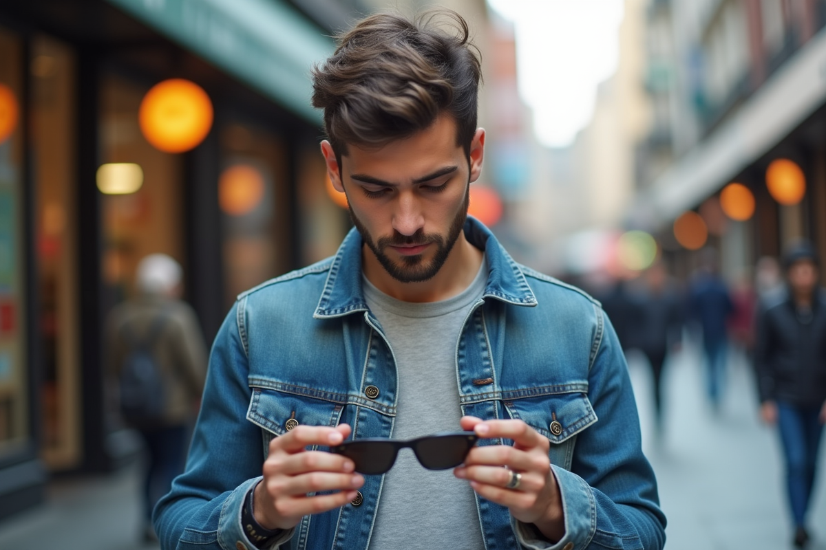Jeune homme comparant des lunettes de soleil en ville