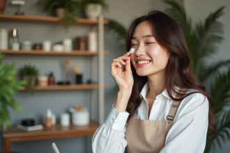 Jeune maquilleuse appliquant une creme sur la joue