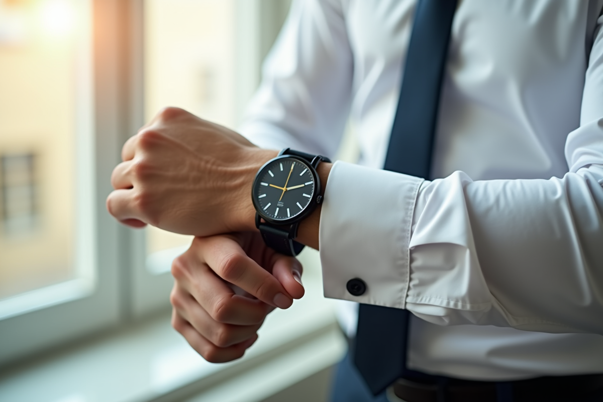 Jeune professionnel ajustant une montre classique sur sa manche