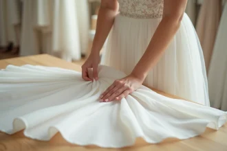 Femme examinant la structure d'un jupon blanc sous robe de cérémonie dans une boutique de mariée
