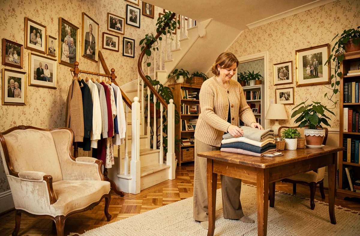Boutique chaleureuse La Maison Mimir décorée comme un intérieur familial vintage avec une vendeuse pliant des pulls