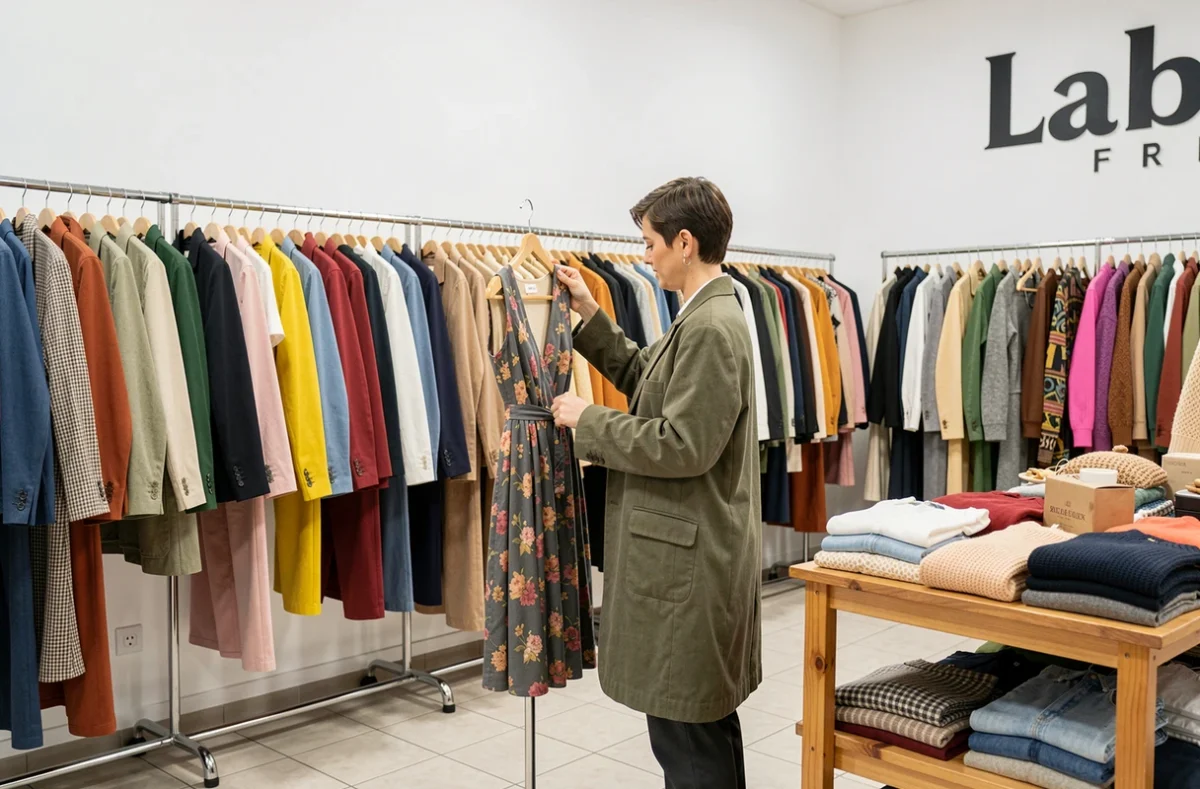 Intérieur soigné de Label Fripe avec des vêtements vintage triés par couleur et une cliente inspectant une robe