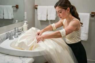 Jeune femme lavant délicatement une robe de princesse ivoire en tulle à la main dans un évier en porcelaine blanche