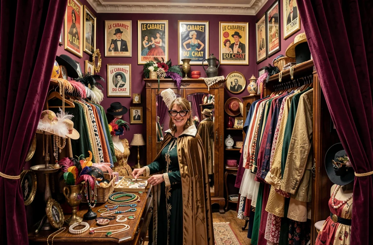 Boutique extravagante Le Cabaret du Chat avec des costumes vintage, des affiches de cabaret et une vendeuse souriante