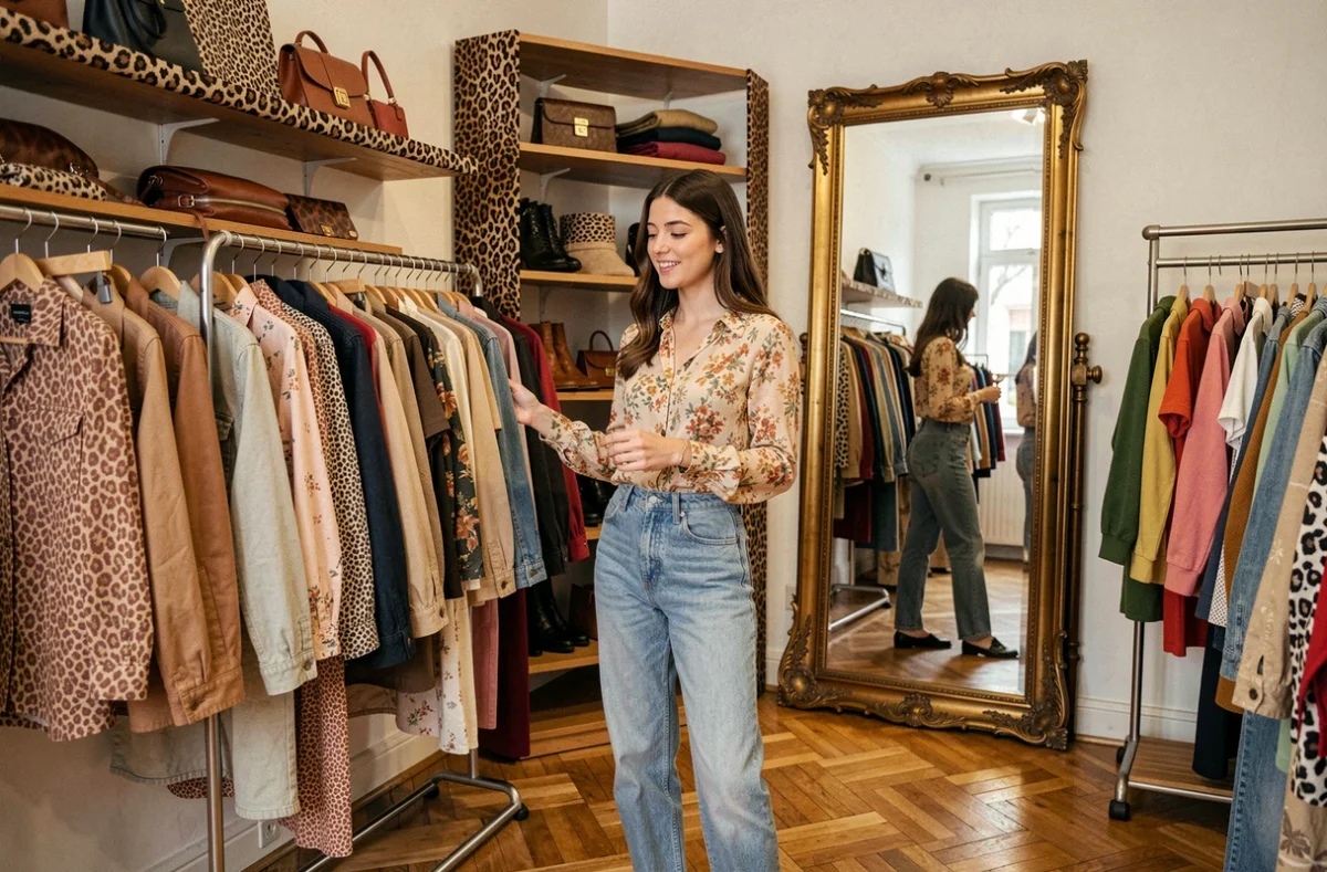Boutique friperie Le Léopard avec des portants vintage et une cliente qui fouille parmi les vêtements