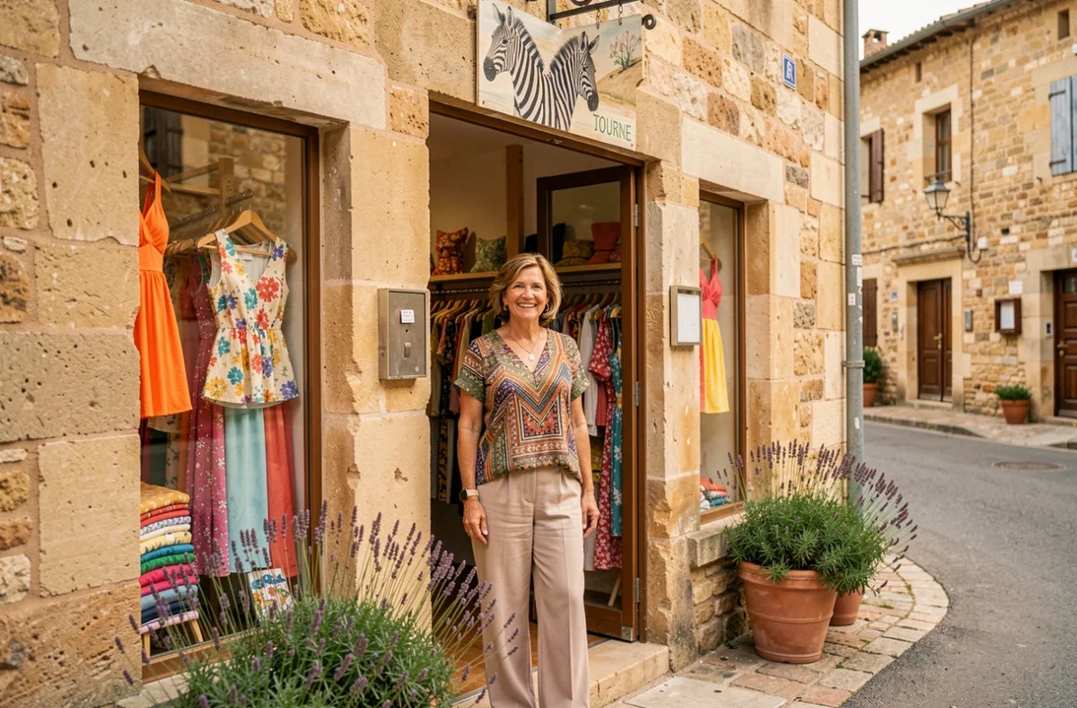 Propriétaire du Zèbre Bleu à Tournus devant l'entrée colorée de sa boutique de vêtements féminins originaux