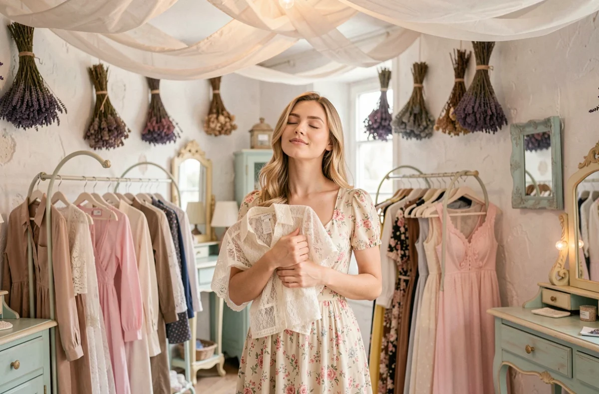 Boutique poétique Les Yeux Fermés avec des vêtements romantiques et une cliente tenant un chemisier en dentelle les yeux fermés