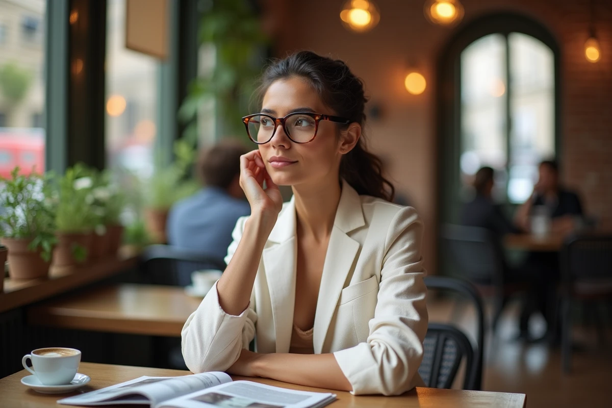 Femme portant des lunettes tortoiseshell classiques dans un café parisien, style intemporel tendance 2026