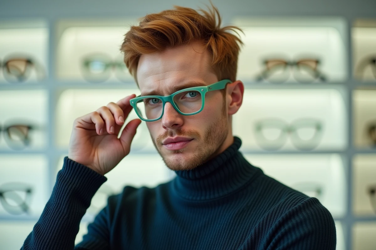 Homme essayant des lunettes tendance géométriques vert sauge dans une boutique d'optique moderne