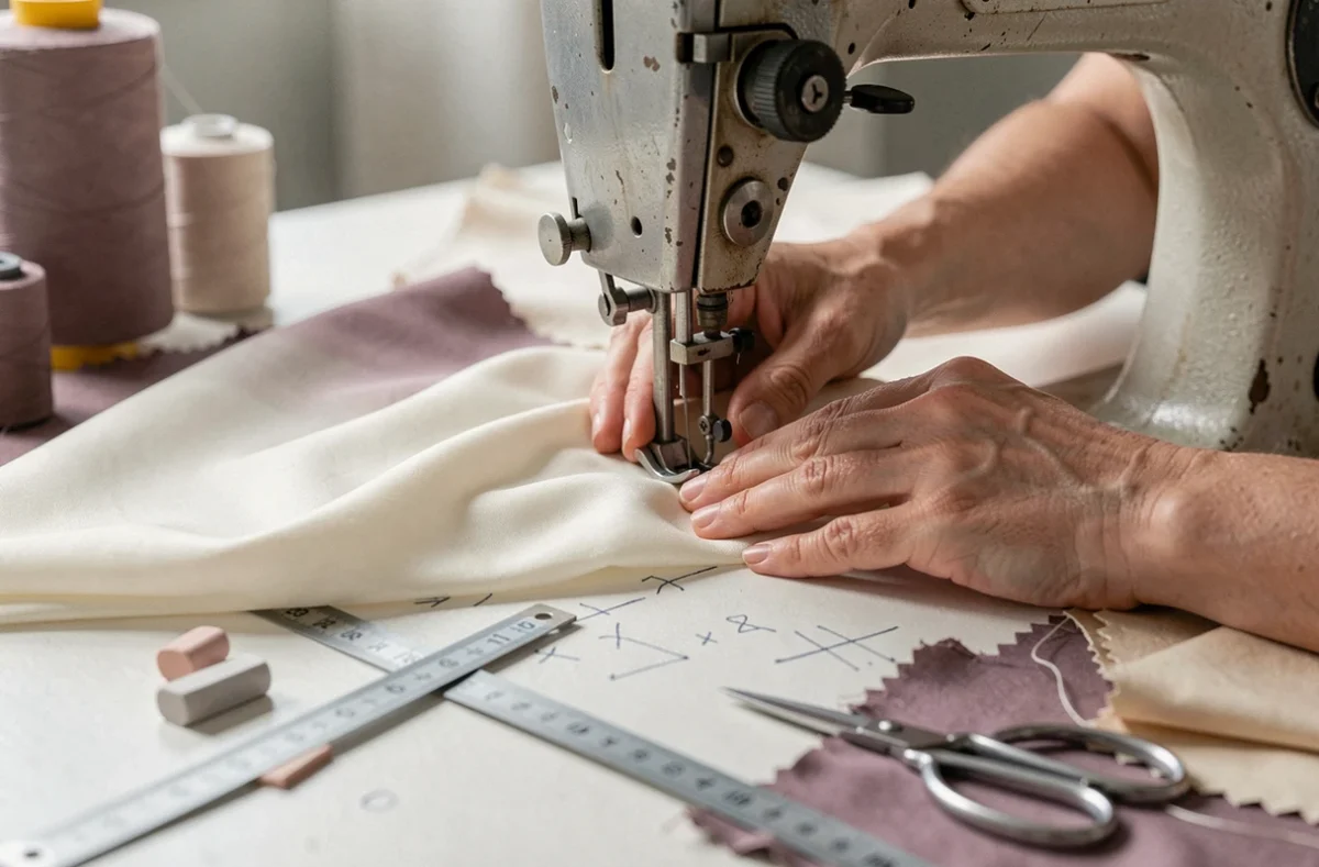 Gros plan sur des mains guidant du tissu sous le pied-de-biche d'une machine à coudre vintage dans un atelier de couture niçois
