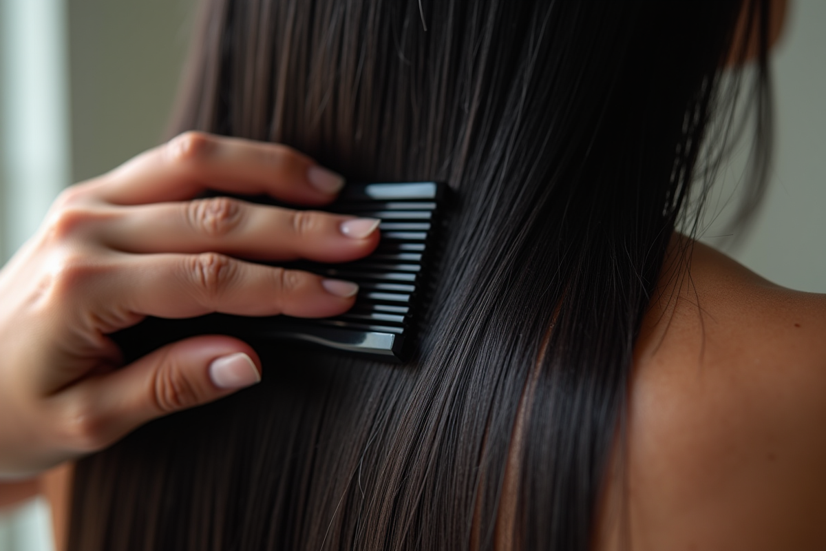 Main peignant des cheveux noirs brillants avec un peigne fin