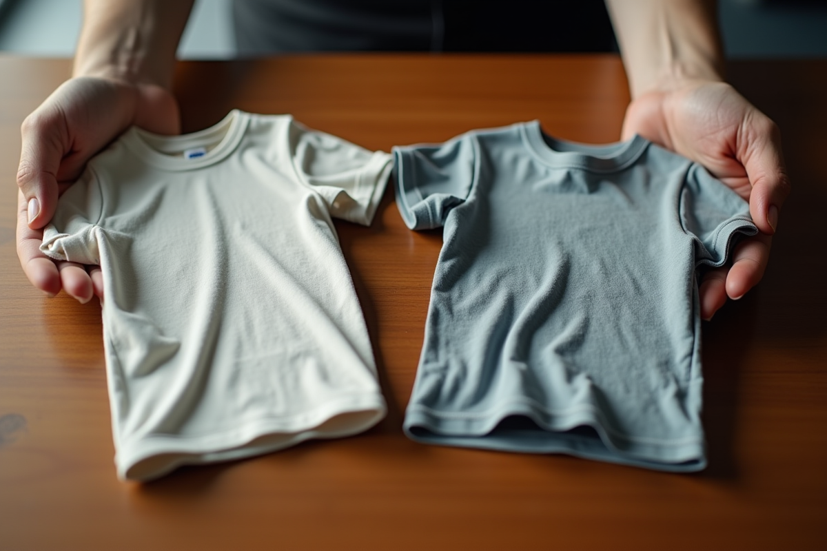 Deux mains tenant un T-shirt vintage et un T-shirt moderne