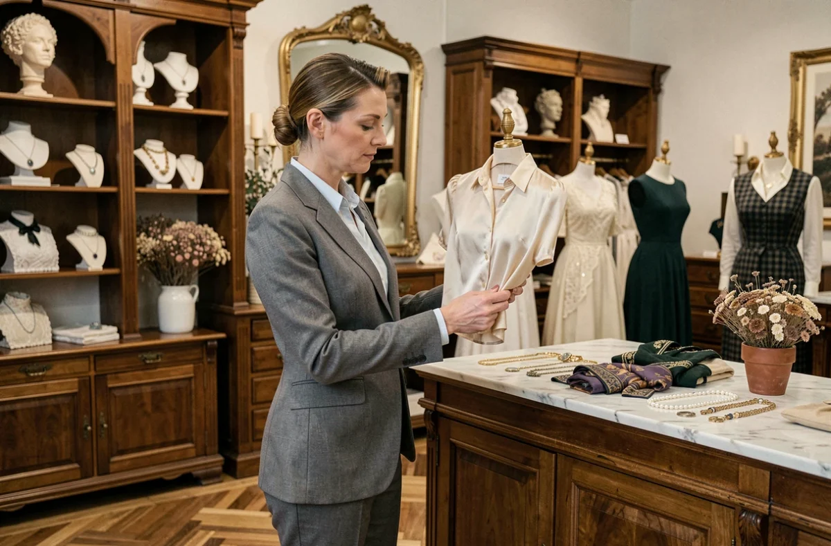 Boutique élégante Maison Claude avec des pièces de mode vintage soigneusement sélectionnées et une cliente raffinée