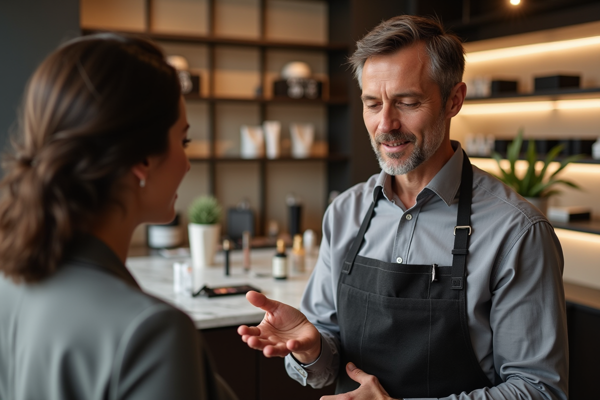 Artiste maquilleur montrant une creme a un client