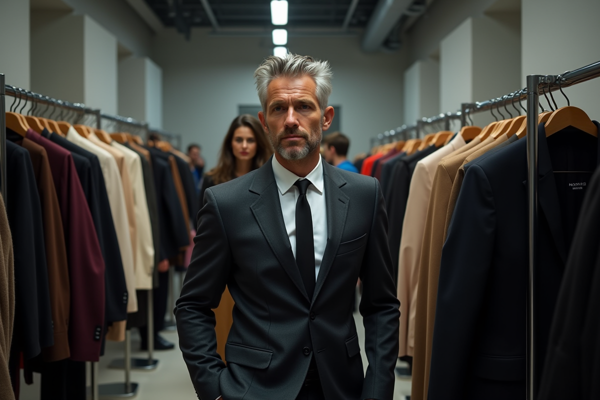 Modèle homme en costume dans une loge de défilé moderne