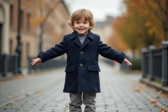 Enfant portant un manteau bien ajusté avec des manches à la bonne longueur pour la taille 116