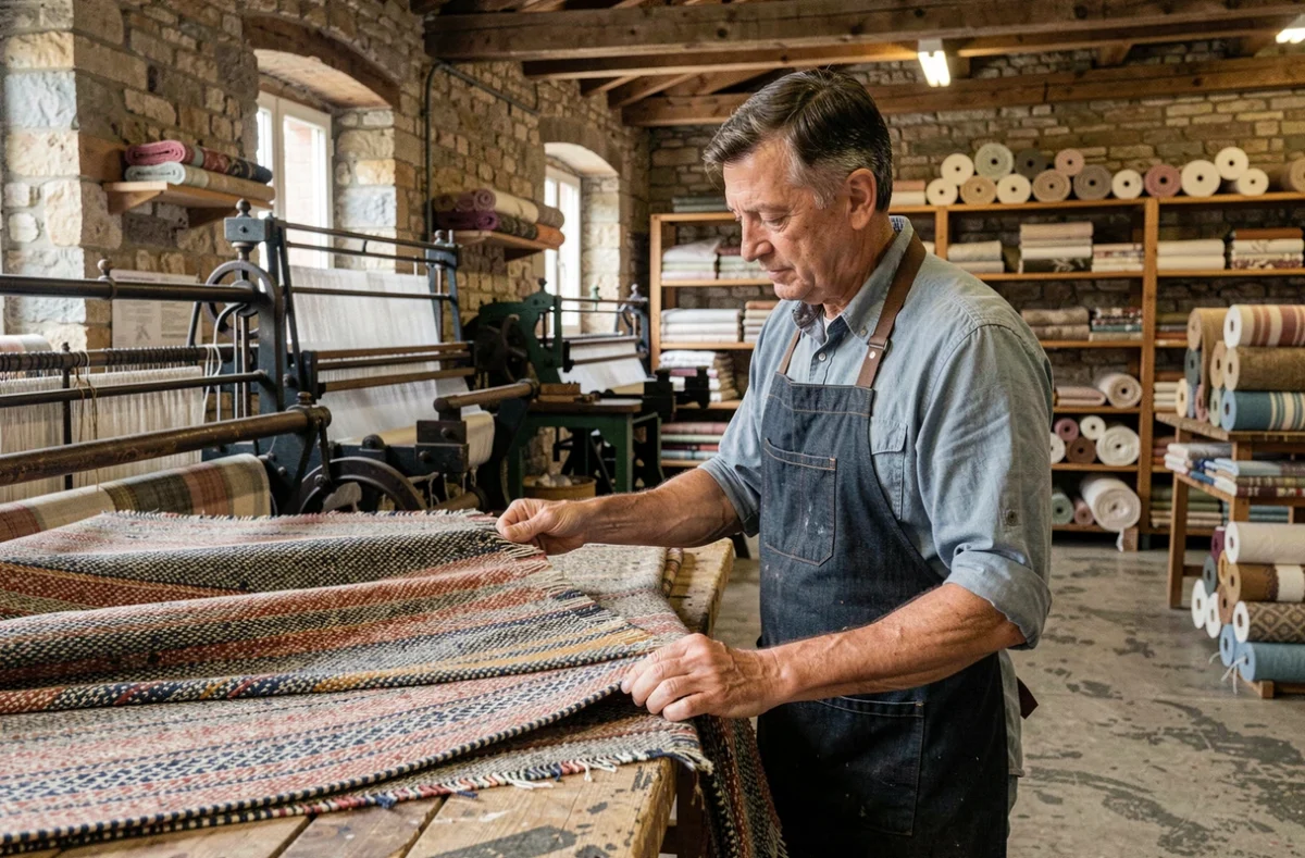Artisan de la Manufacture Perrin à Montceau-les-Mines inspectant un tissu dans un atelier au décor industriel et patrimonial
