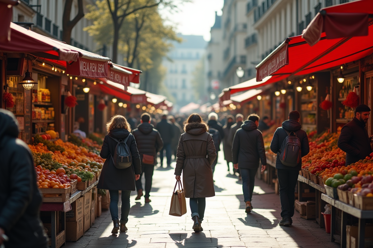Marché de plein air à Paris avec des gens achetant des produits frais
