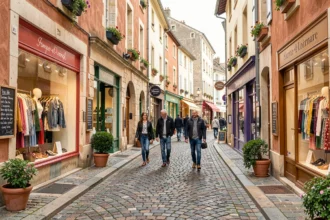 Rue commerçante pittoresque en Saône-et-Loire avec boutiques de vêtements aux façades en pierre de Bourgogne