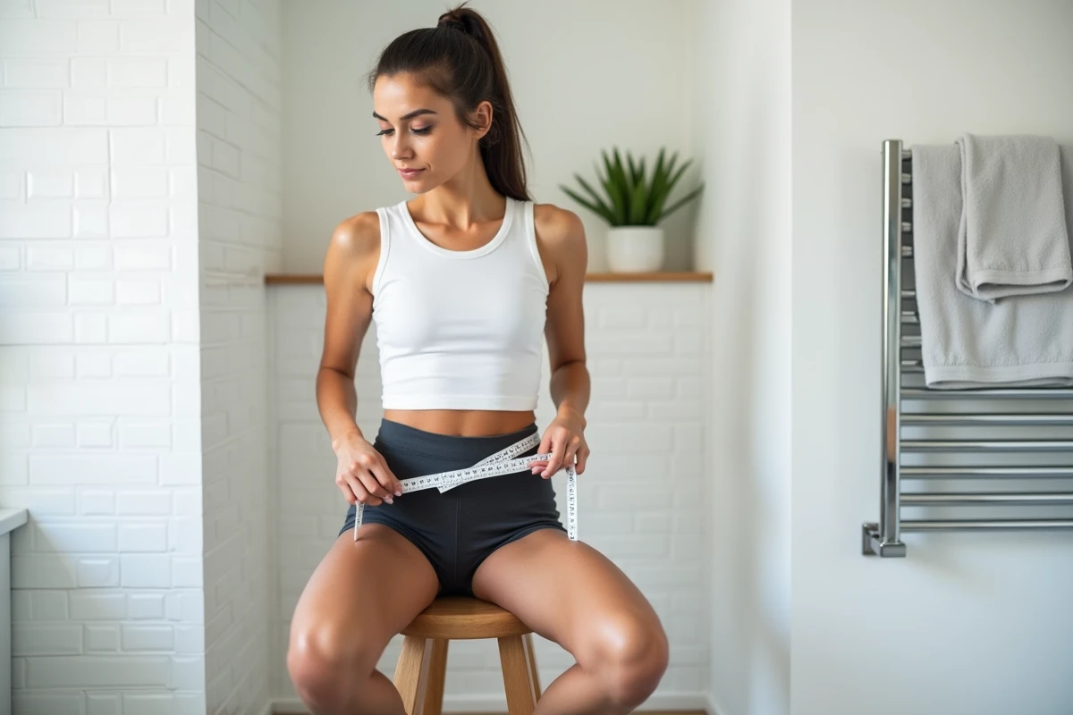 Femme mesurant son tour de hanches avec un mètre ruban dans une salle de bain minimaliste blanche