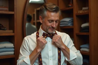 Homme élégant ajustant un noeud papillon fait main en soie fleurie bordeaux et moutarde devant un miroir en bois
