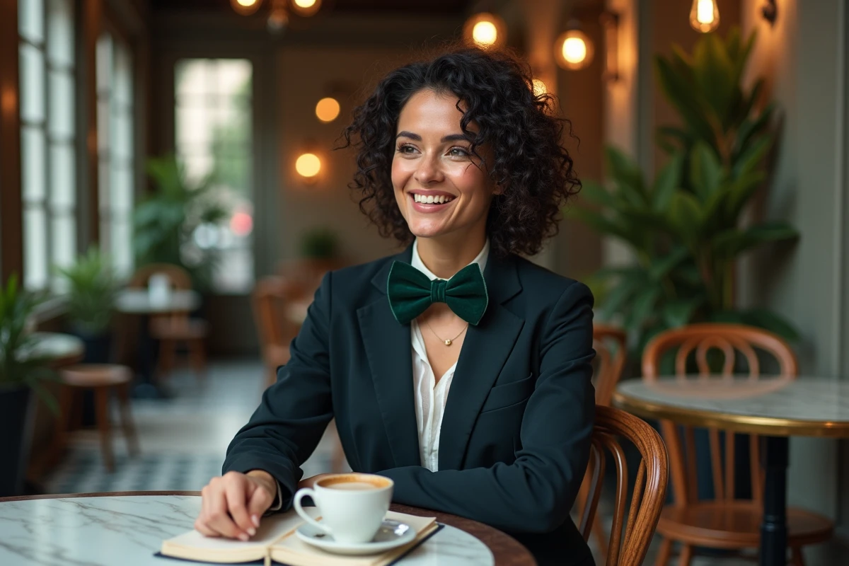 Femme portant un noeud papillon artisanal en velours vert dans un café parisien avec blazer marine