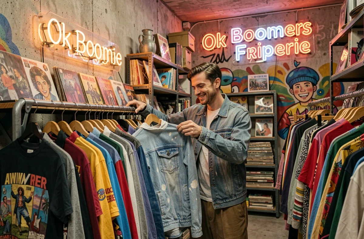 Friperie Ok Boomers avec des vêtements rétro des années 70-80 et un client parcourant les portants vintage