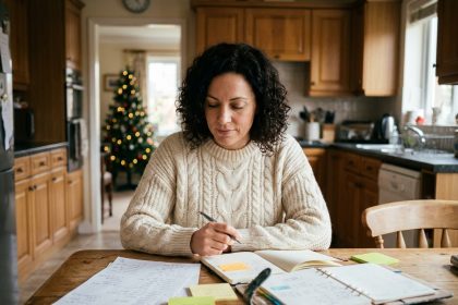 Femme organisant les préparatifs de Noël en famille avec un planning manuscrit sur une table en bois dans une cuisine chaleureuse