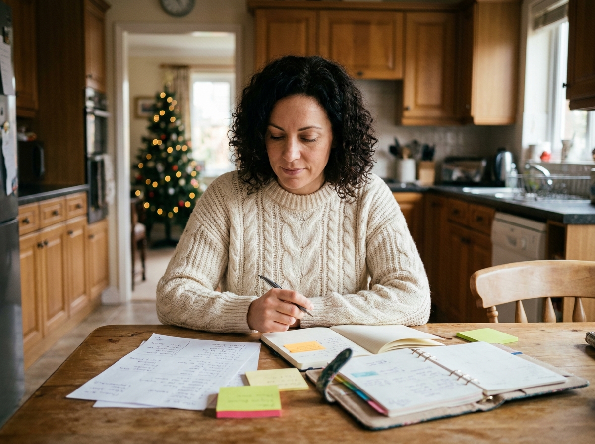 Femme organisant les préparatifs de Noël en famille avec un planning manuscrit sur une table en bois dans une cuisine chaleureuse