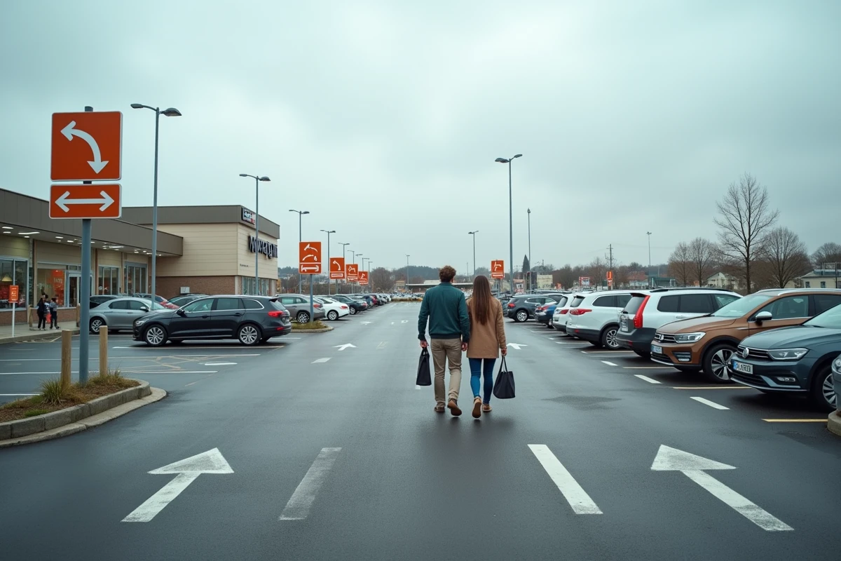 Parking extérieur du magasin PILOU Givors avec signalétique d'accès et places de stationnement