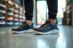 Personne essayant des chaussures Hoka dans un magasin lumineux