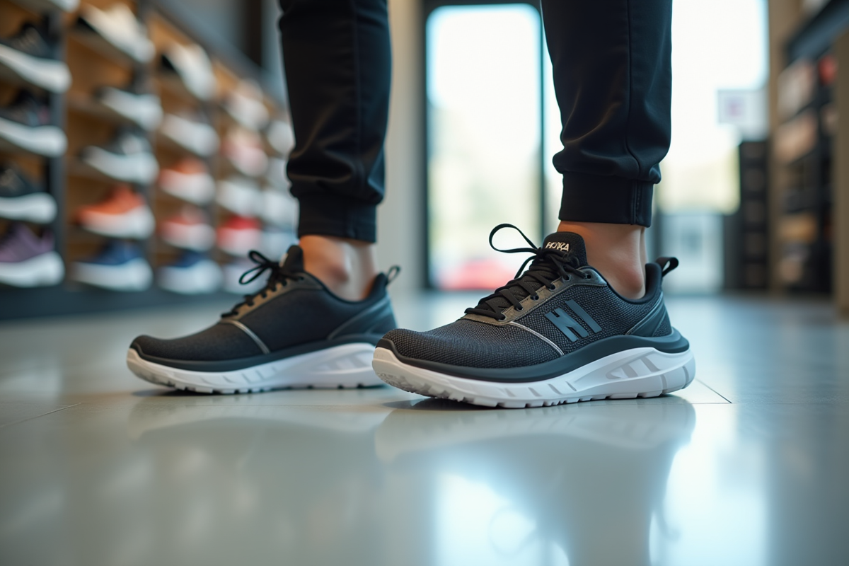 Personne essayant des chaussures Hoka dans un magasin lumineux
