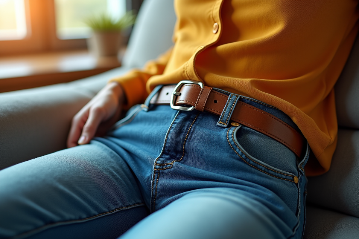 Personne en jeans portant une ceinture elastique confortablement assise au sofa