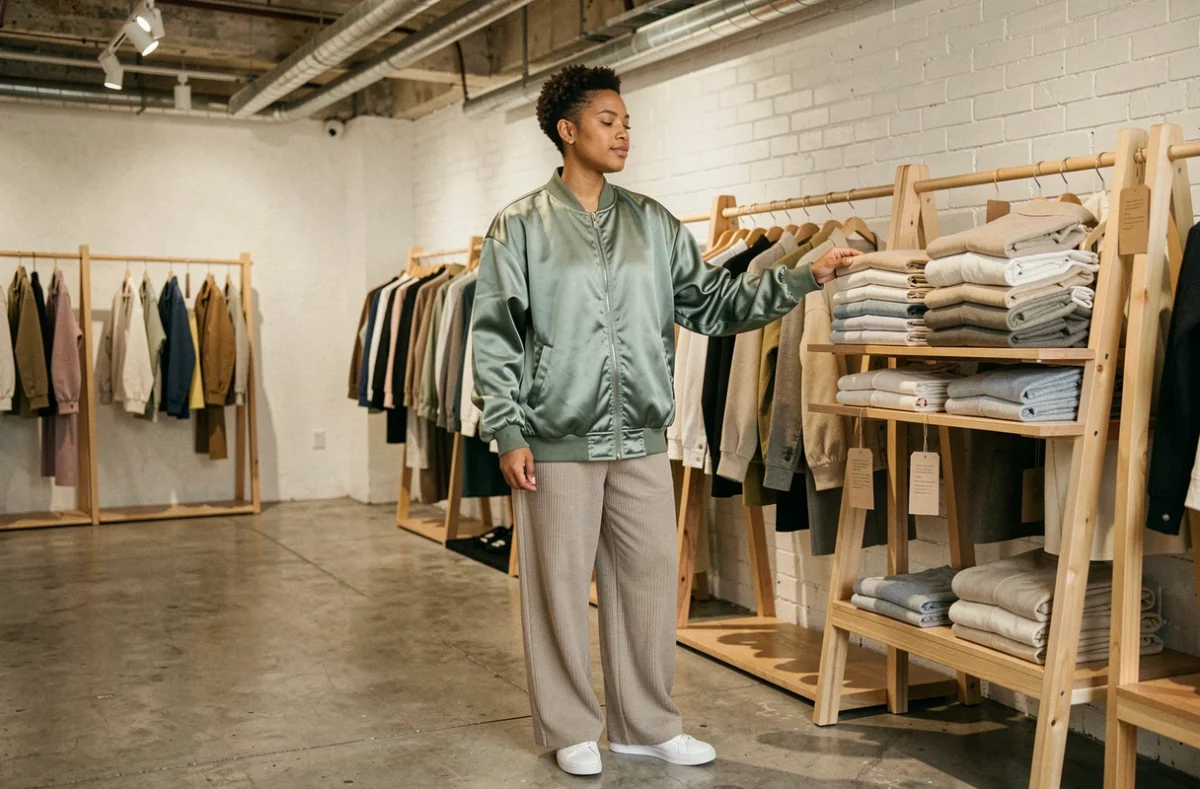 Personne non binaire en veste bomber oversize sage green feuilletant des vêtements inclusifs dans une boutique streetwear contemporaine