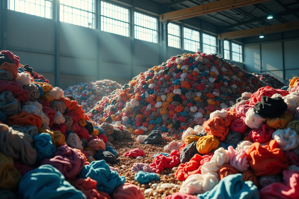 Montagne de textiles colorés dans un centre de recyclage urbain