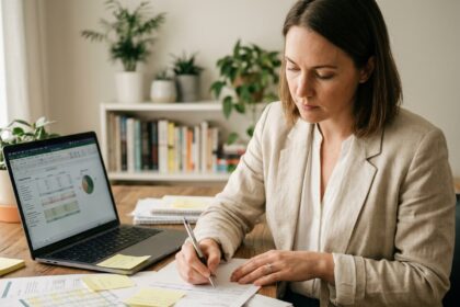 Femme professionnelle planifiant un budget marketing sur son bureau avec documents et ordinateur portable, avant de contacter des créateurs de contenu