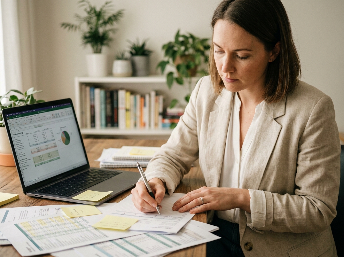 Femme professionnelle planifiant un budget marketing sur son bureau avec documents et ordinateur portable, avant de contacter des créateurs de contenu