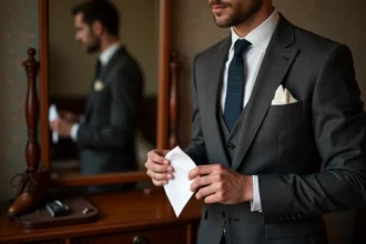 Homme en costume gris charbon pliant une pochette en lin blanc devant un miroir vintage dans un dressing classique
