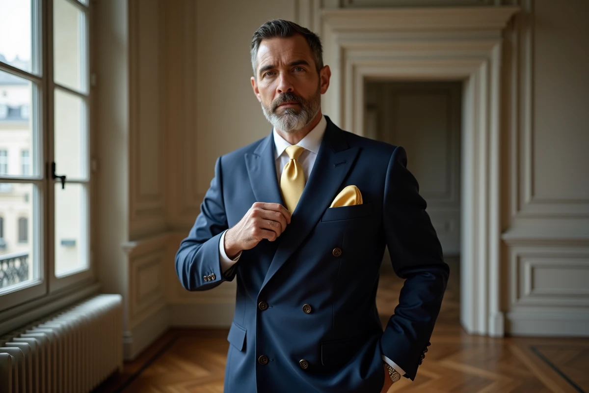 Homme en costume bleu marine ajustant une pochette en soie jaune pâle dans un appartement parisien au style classique