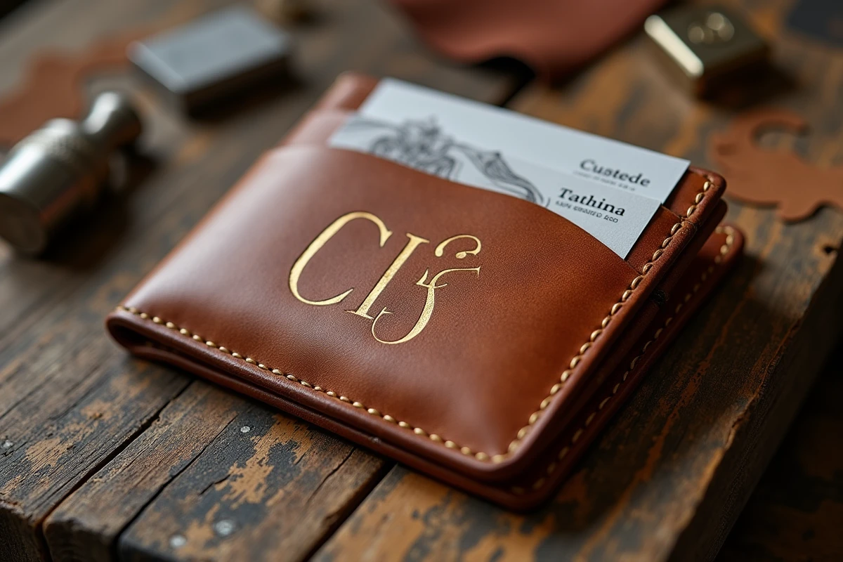 Portefeuille en cuir personnalisé avec initiales dorées estampées, fabriqué artisanalement en France