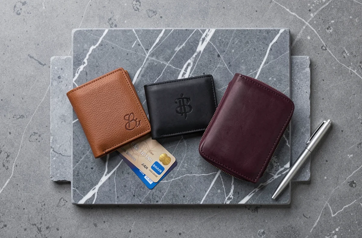 Trois portefeuilles homme en cuir personnalisés et gravés disposés en flat-lay sur marbre gris, avec cartes et stylo