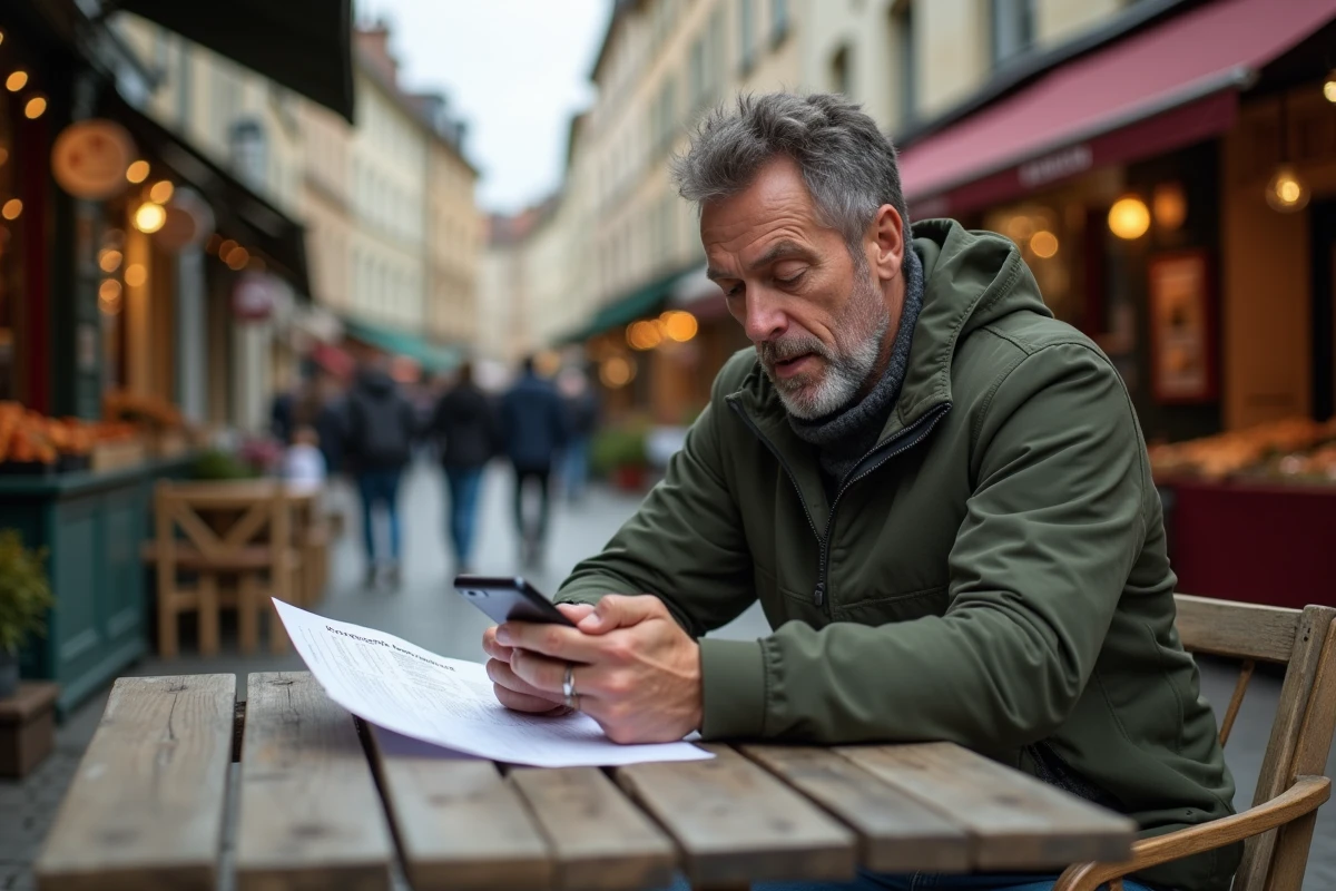 Homme consultant une liste de vérification et un smartphone pour préparer son inscription à la Braderie dans un café de rue