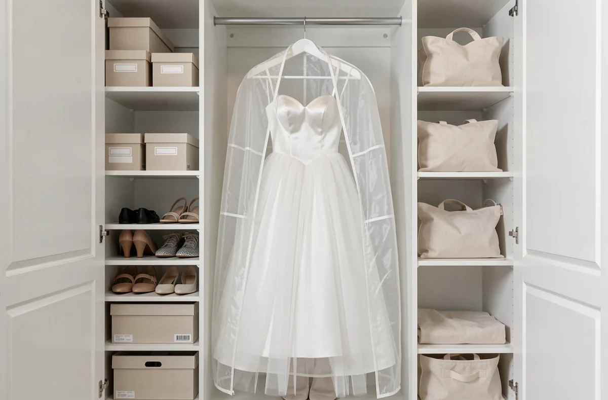 Robe de princesse blanche rangée dans un dressing sur un cintre rembourré à l'intérieur d'une housse de protection respirante