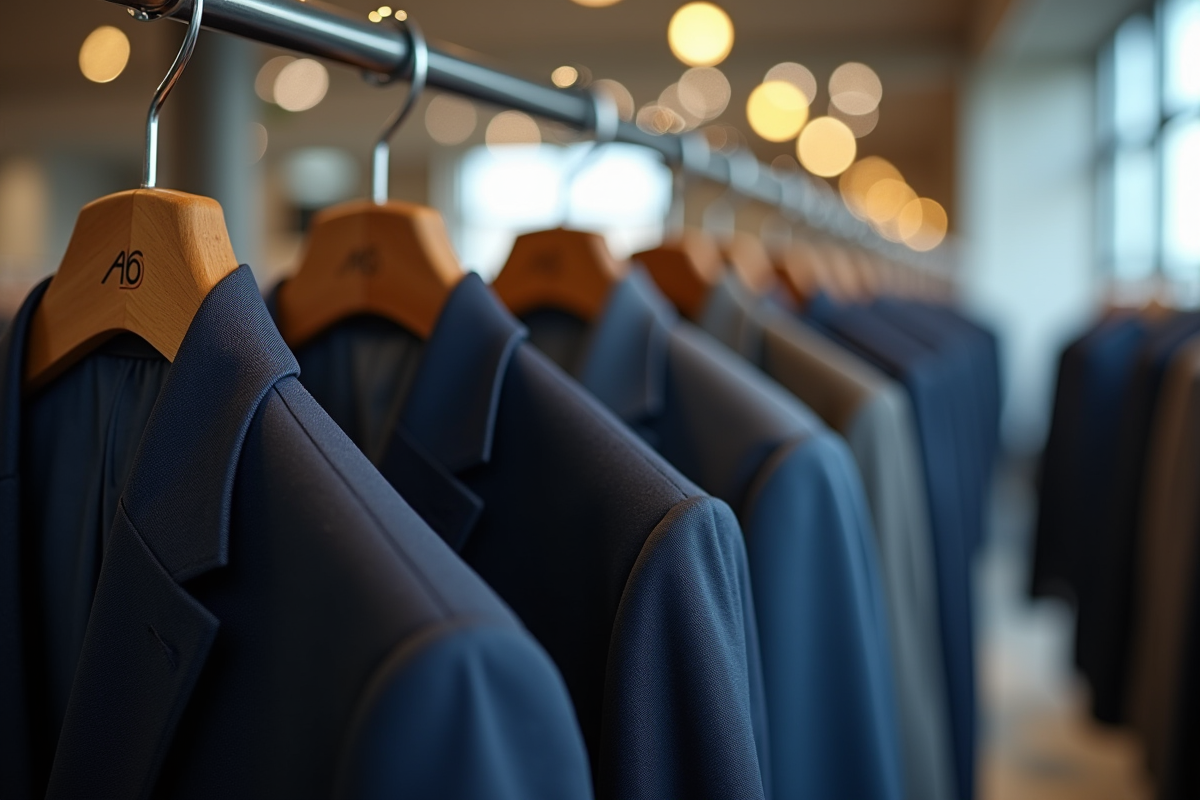 Rayon de vestes pour hommes avec étiquettes 46 et 48 en boutique