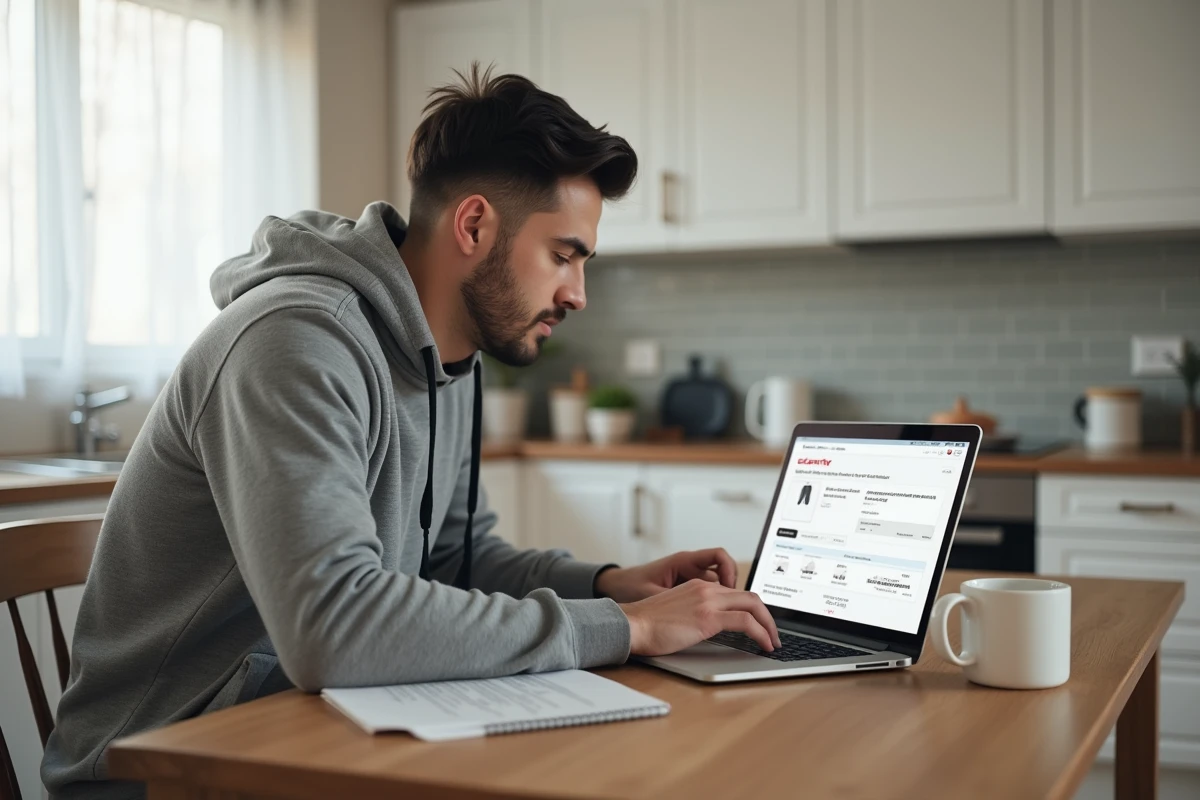 Homme contactant le service client Shein sur ordinateur portable pour colis marqué livré mais non reçu