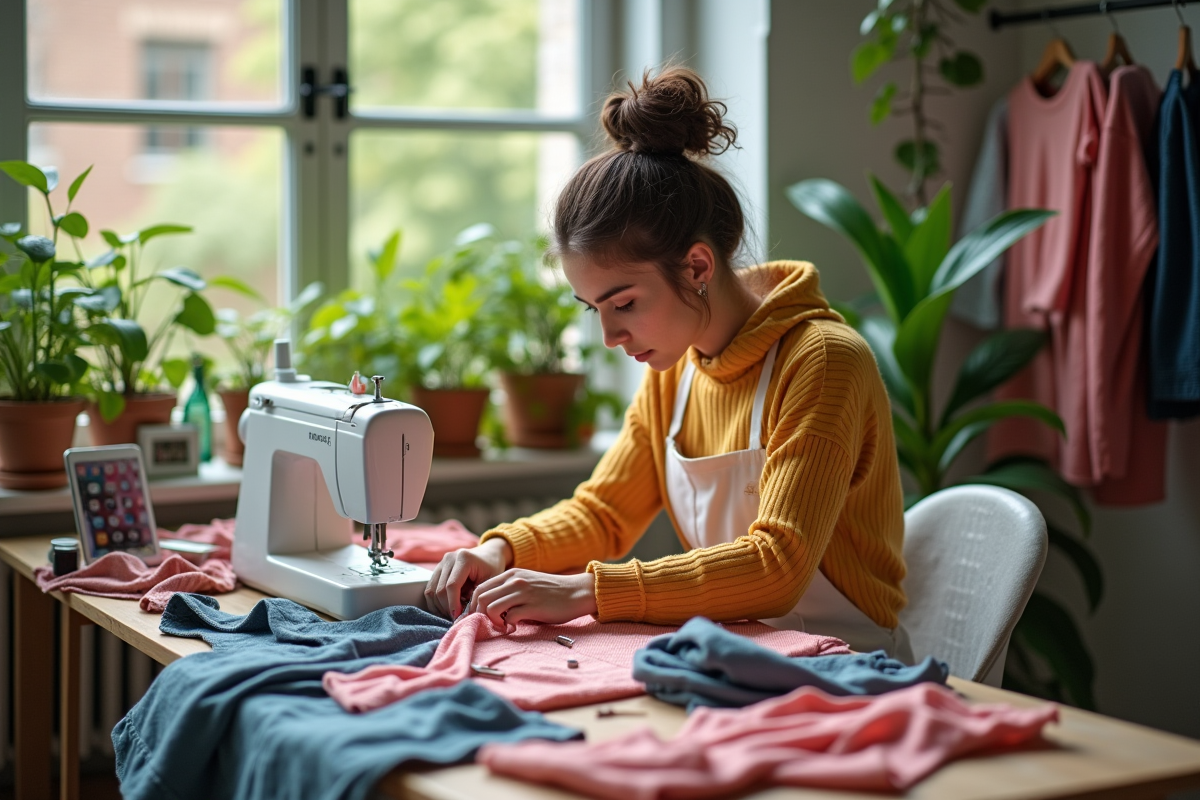 Créateur réparant des vêtements dans un atelier lumineux
