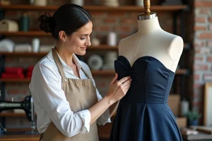 Retoucheuse indépendante épinglant l'ourlet d'une robe de soirée dans un atelier de couture artisanal