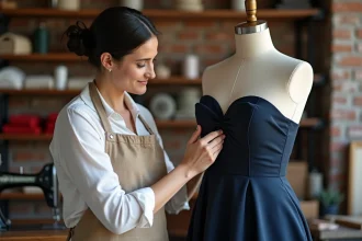Retoucheuse indépendante épinglant l'ourlet d'une robe de soirée dans un atelier de couture artisanal