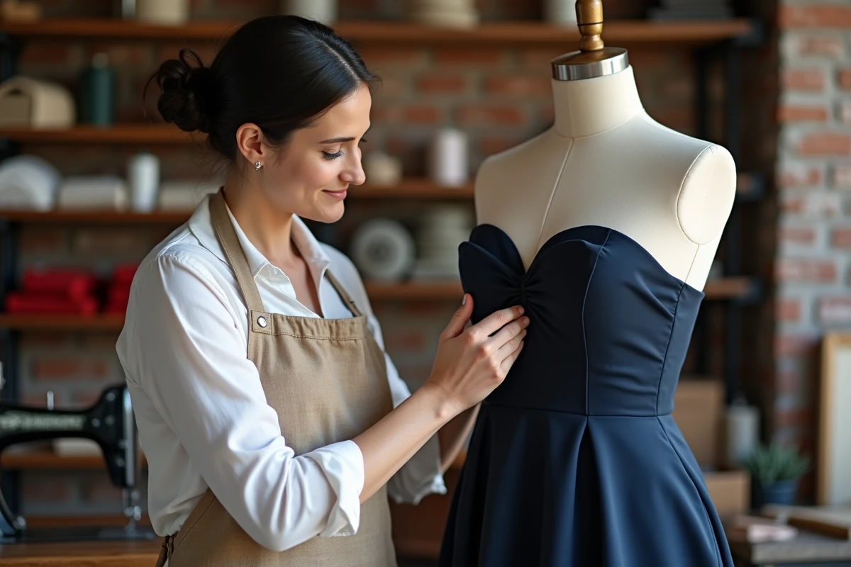 Retoucheuse indépendante épinglant l'ourlet d'une robe de soirée dans un atelier de couture artisanal